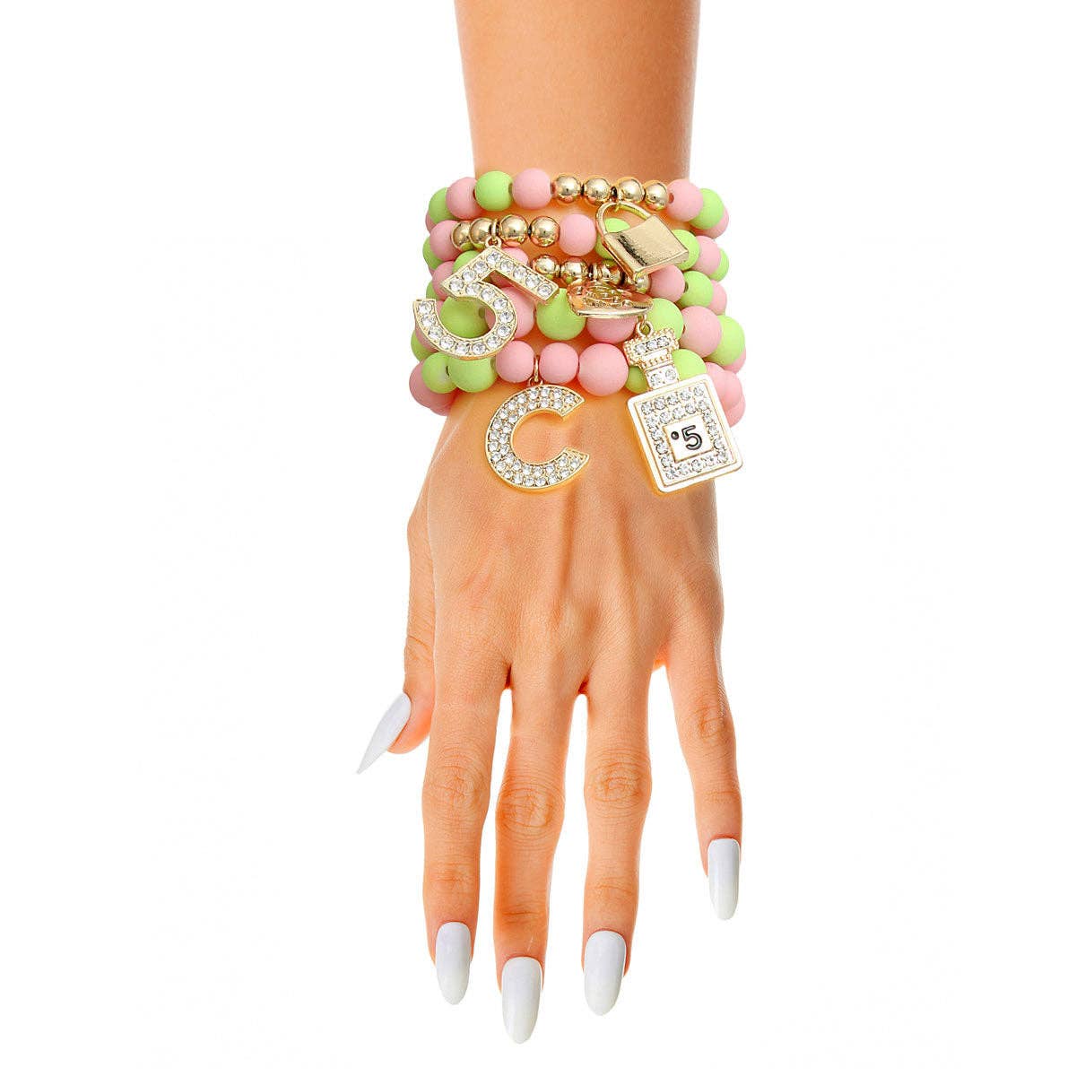 Matte Pink and Green Boutique Charm Bracelets: Pink and Green / Gold / Stretch to Fit