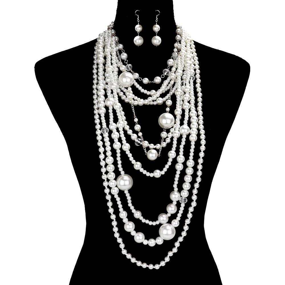 Chunky Multi-Layered Pearls Statement Necklace Set Gatsby