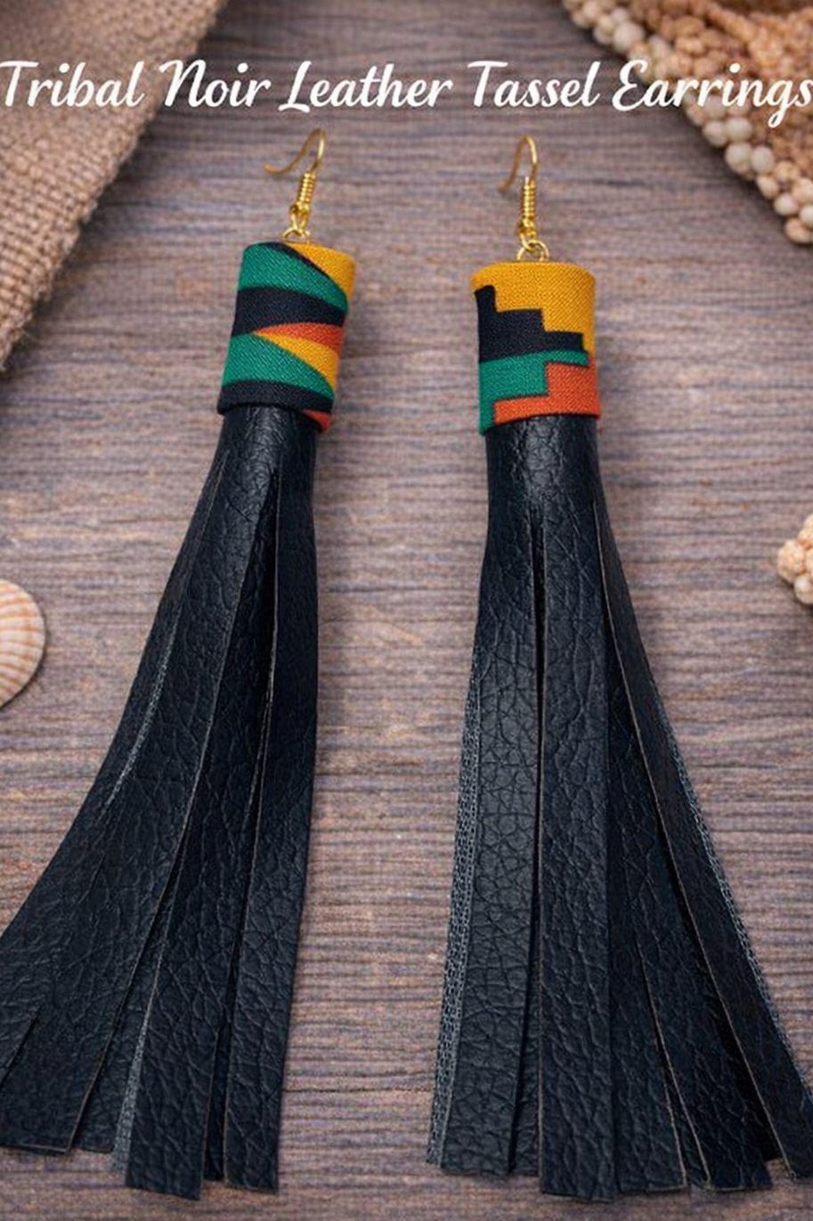 Tribal Noir Leather Tassel Earrings