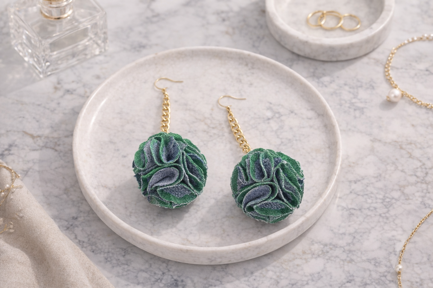 Emerald Fabric Ball Chain Drop Earrings