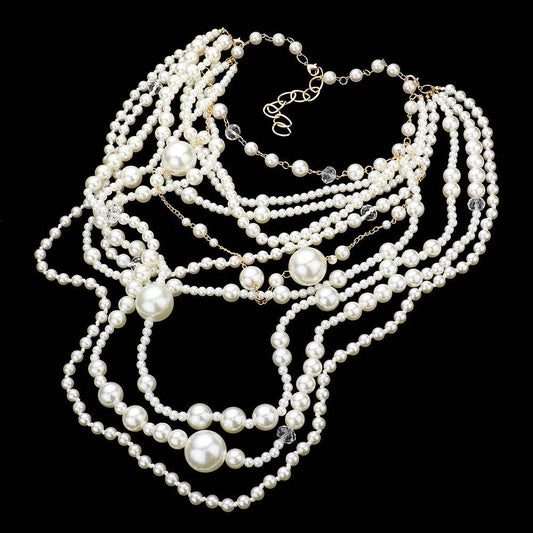 Diacly - Chunky Multi-Layered Pearls Statement Necklace Set Gatsby