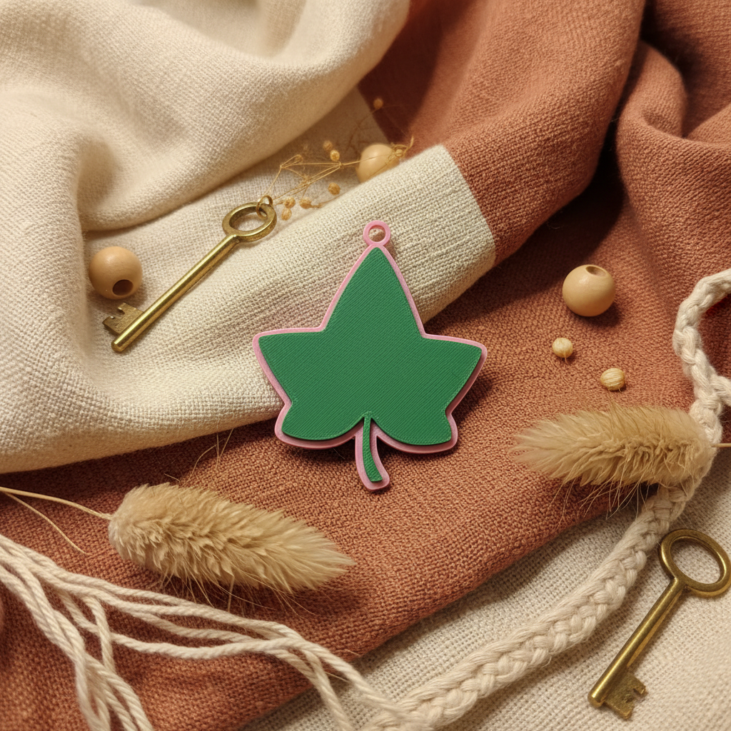 Green and pink ivy leaf charm earring on styled boho background