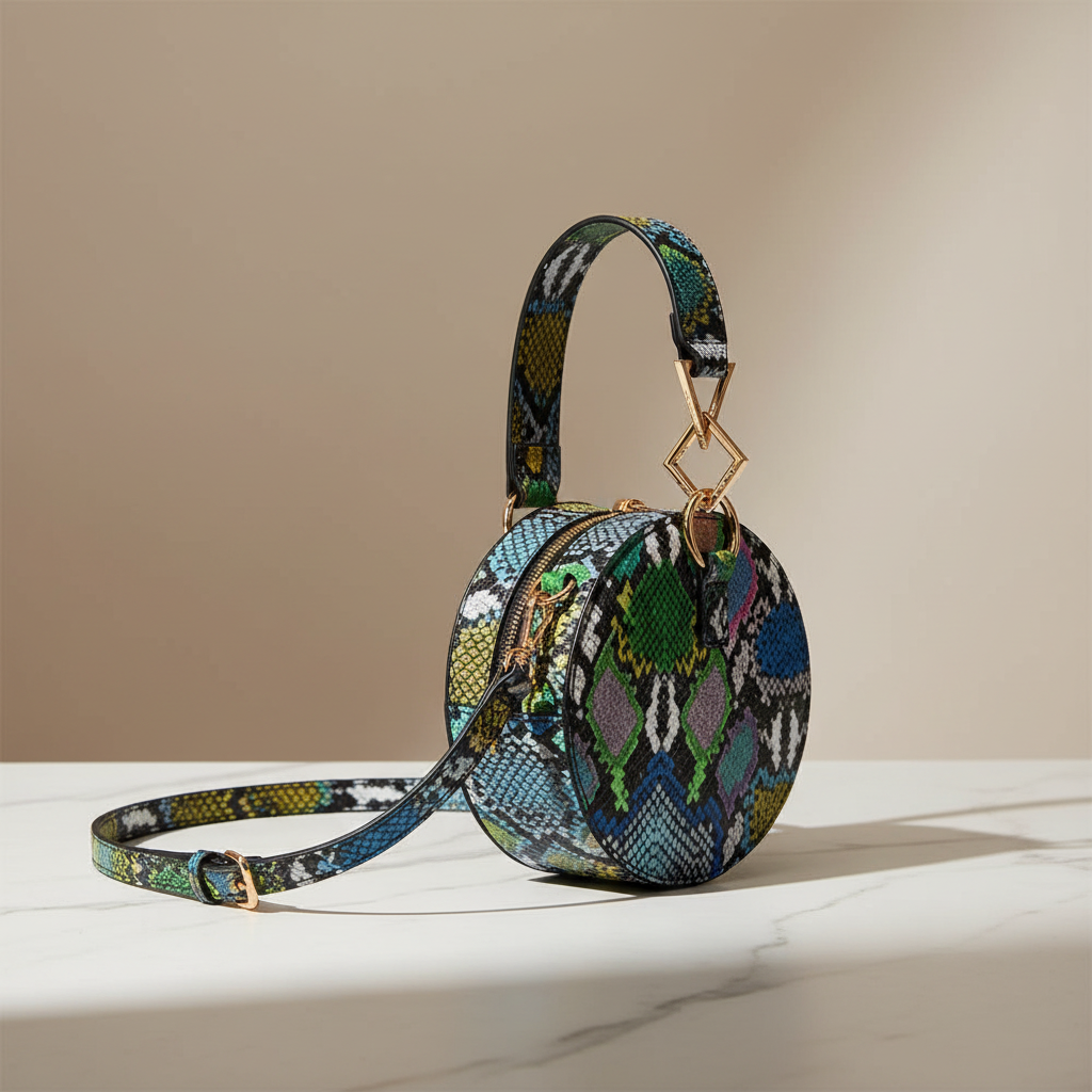 Wild Circle Snake Print Crossbody Bag on white marble surface
