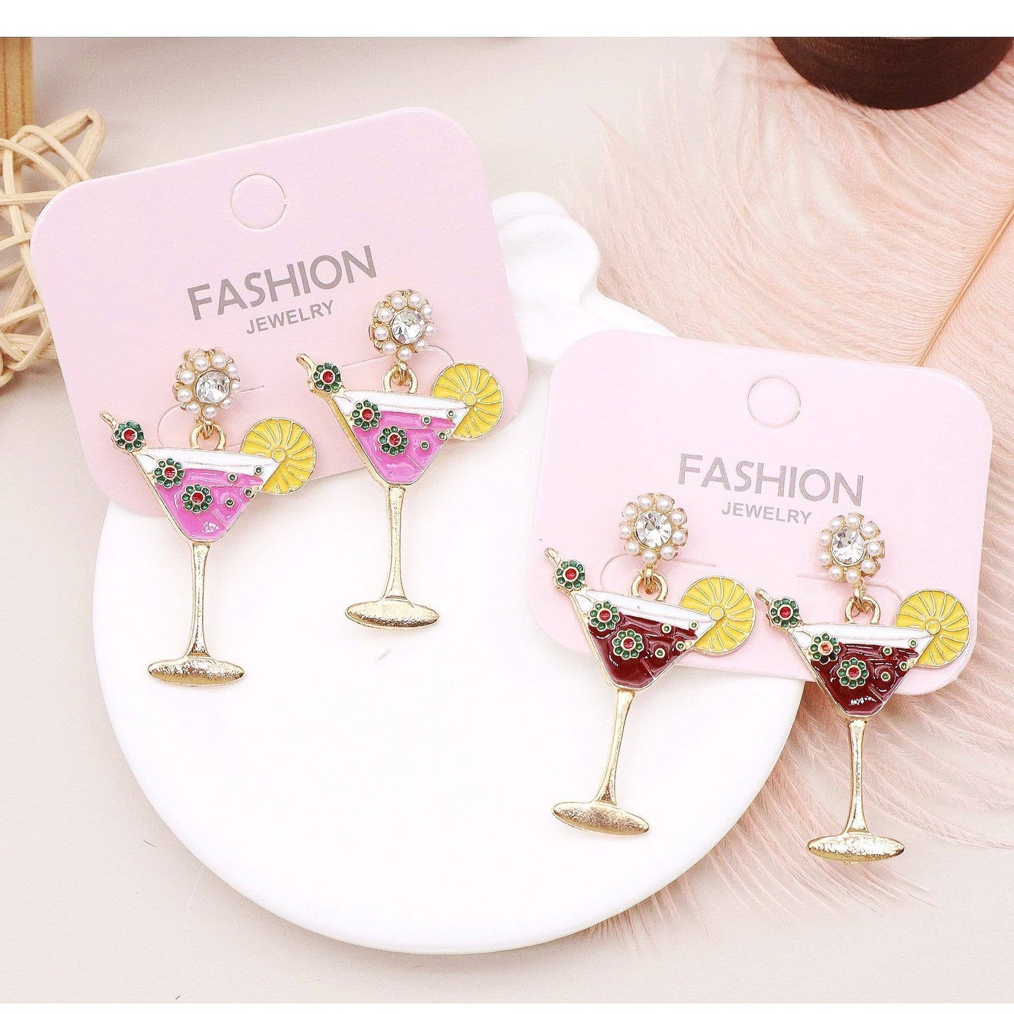 Rhinestone Dangle Cocktail Glass Earrings