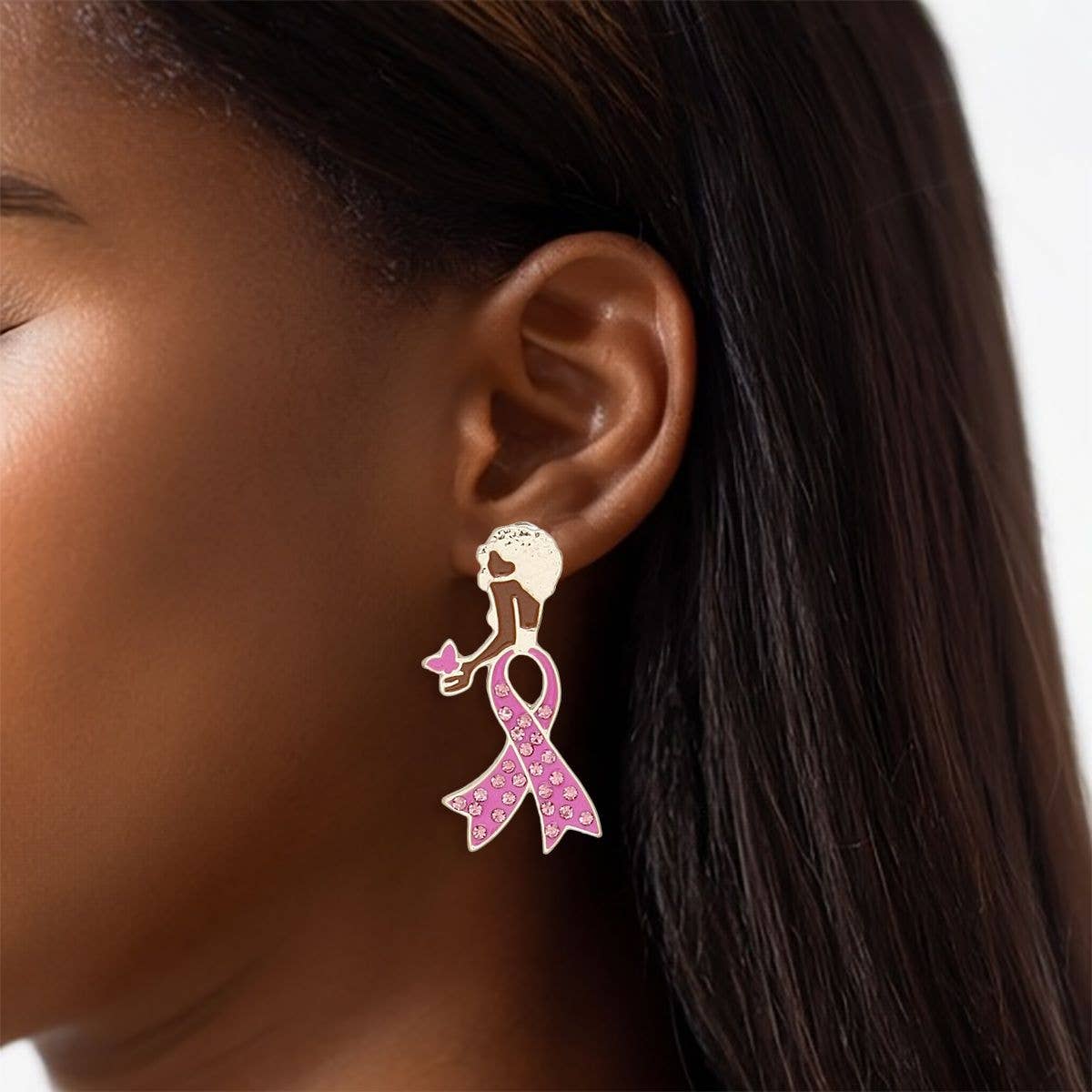 Breast Cancer Stud Gold Pink Ribbon Leg Earrings: Color: Pink / Plating: Gold / Size: 1.45 x .88 inches