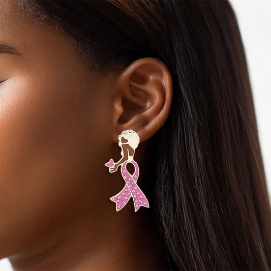 Breast Cancer Stud Gold Pink Ribbon Leg Earrings: Color: Pink / Plating: Gold / Size: 1.45 x .88 inches
