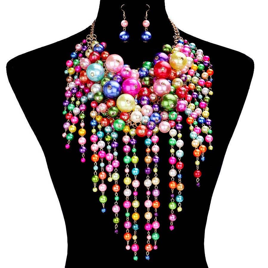 Chunky Dangling Pearls Choker Necklace Set