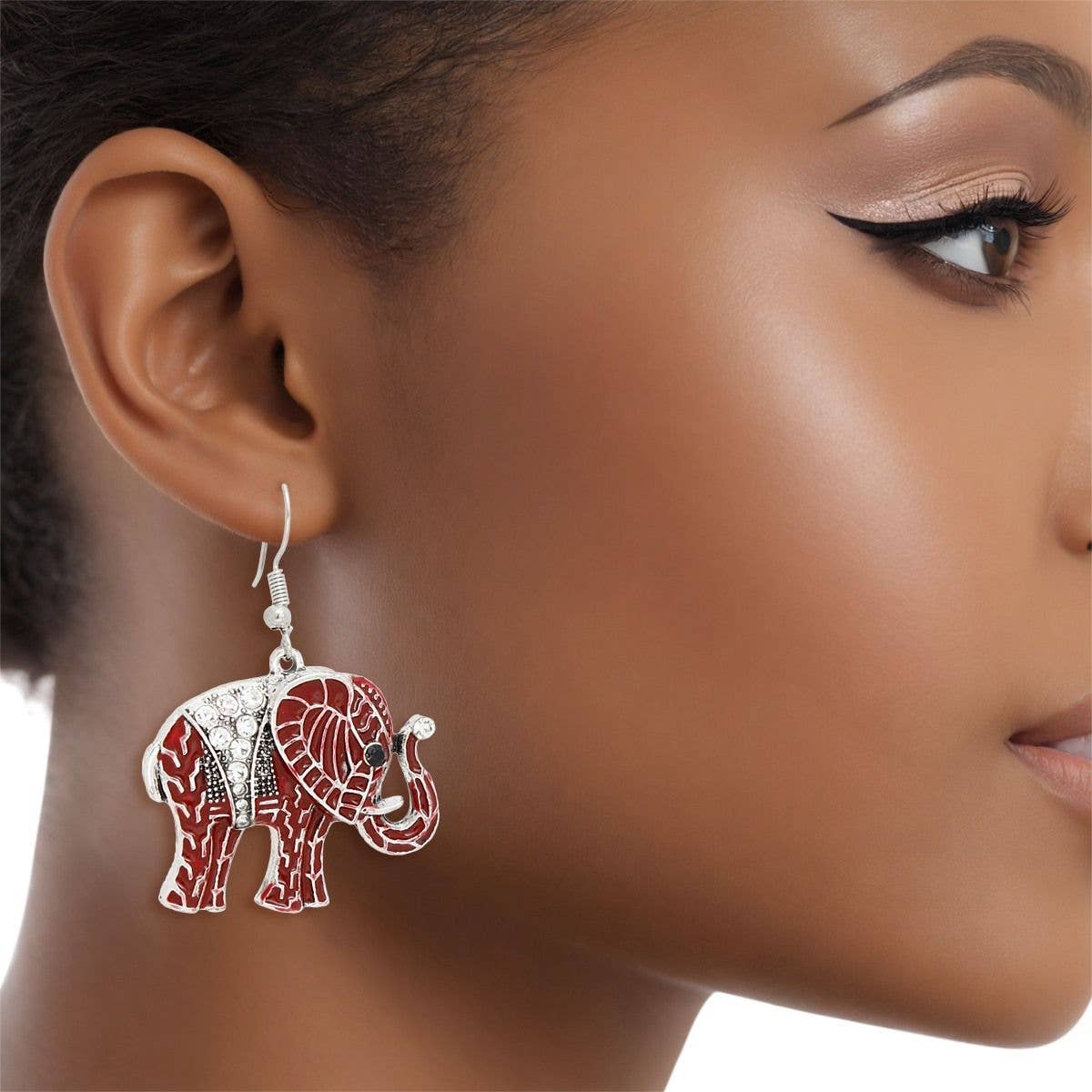 DST Red Elephant Rhinestone Fish Hook Earrings: Color: Red / Plating: Rhodium / Size: 2 x 1.45 inches