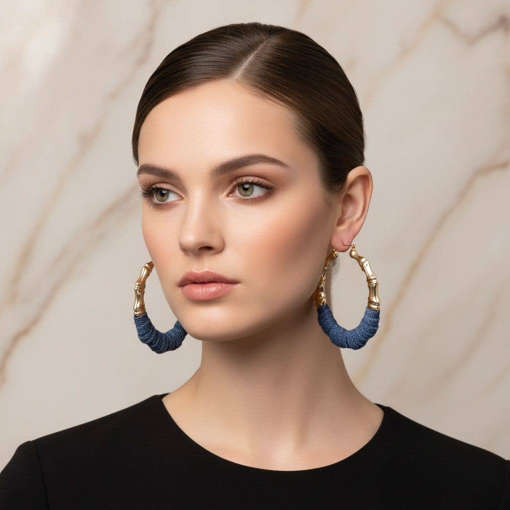 Jumbo size Hoop Denim Jeans Gold Bamboo Texture Earrings: Color: Denim Blue / Plating: Gold / Size: 3.5 inches