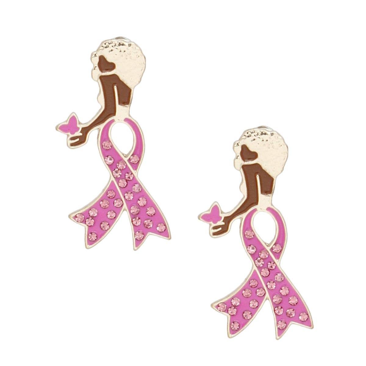 Breast Cancer Stud Gold Pink Ribbon Leg Earrings: Color: Pink / Plating: Gold / Size: 1.45 x .88 inches