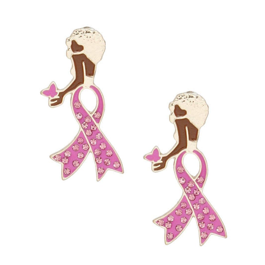 Breast Cancer Stud Gold Pink Ribbon Leg Earrings: Color: Pink / Plating: Gold / Size: 1.45 x .88 inches