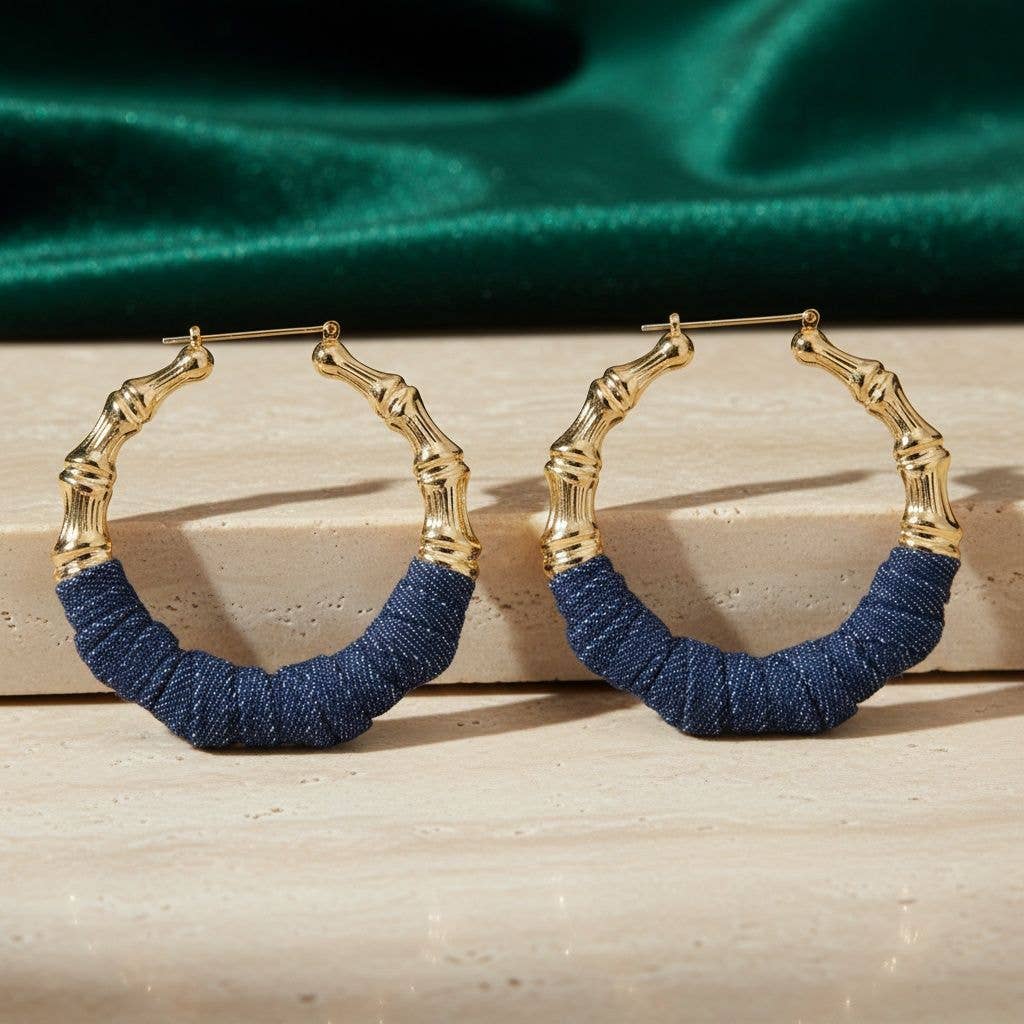 Jumbo size Hoop Denim Jeans Gold Bamboo Texture Earrings: Color: Denim Blue / Plating: Gold / Size: 3.5 inches