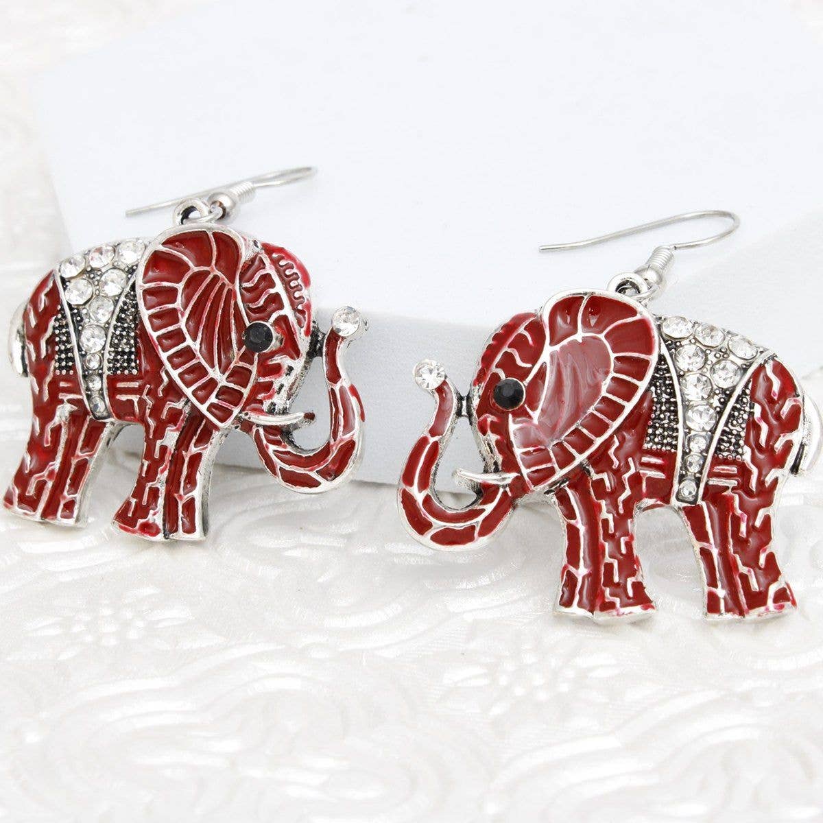 DST Red Elephant Rhinestone Fish Hook Earrings: Color: Red / Plating: Rhodium / Size: 2 x 1.45 inches