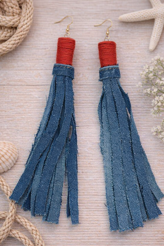 Denim Fringe Statement Earrings