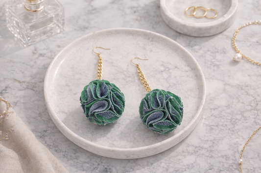 Emerald Fabric Ball Chain Drop Earrings