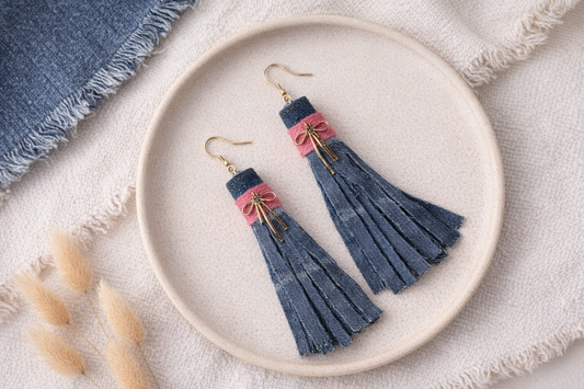 Denim & Pink Bow Tassel Drop Earrings