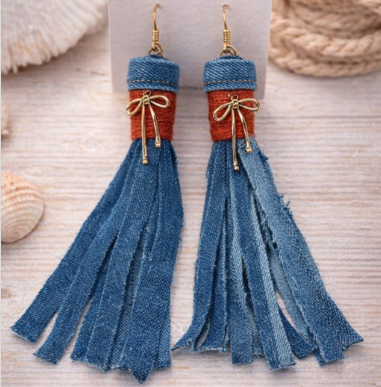 Denim Charm Tassel Earrings