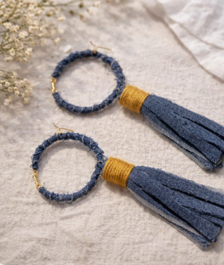 Denim & Gold Hoop Tassel Drop Earrings