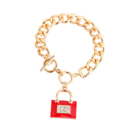 Red Boutique Handbag Bracelet: Red / Gold / 8 Inches