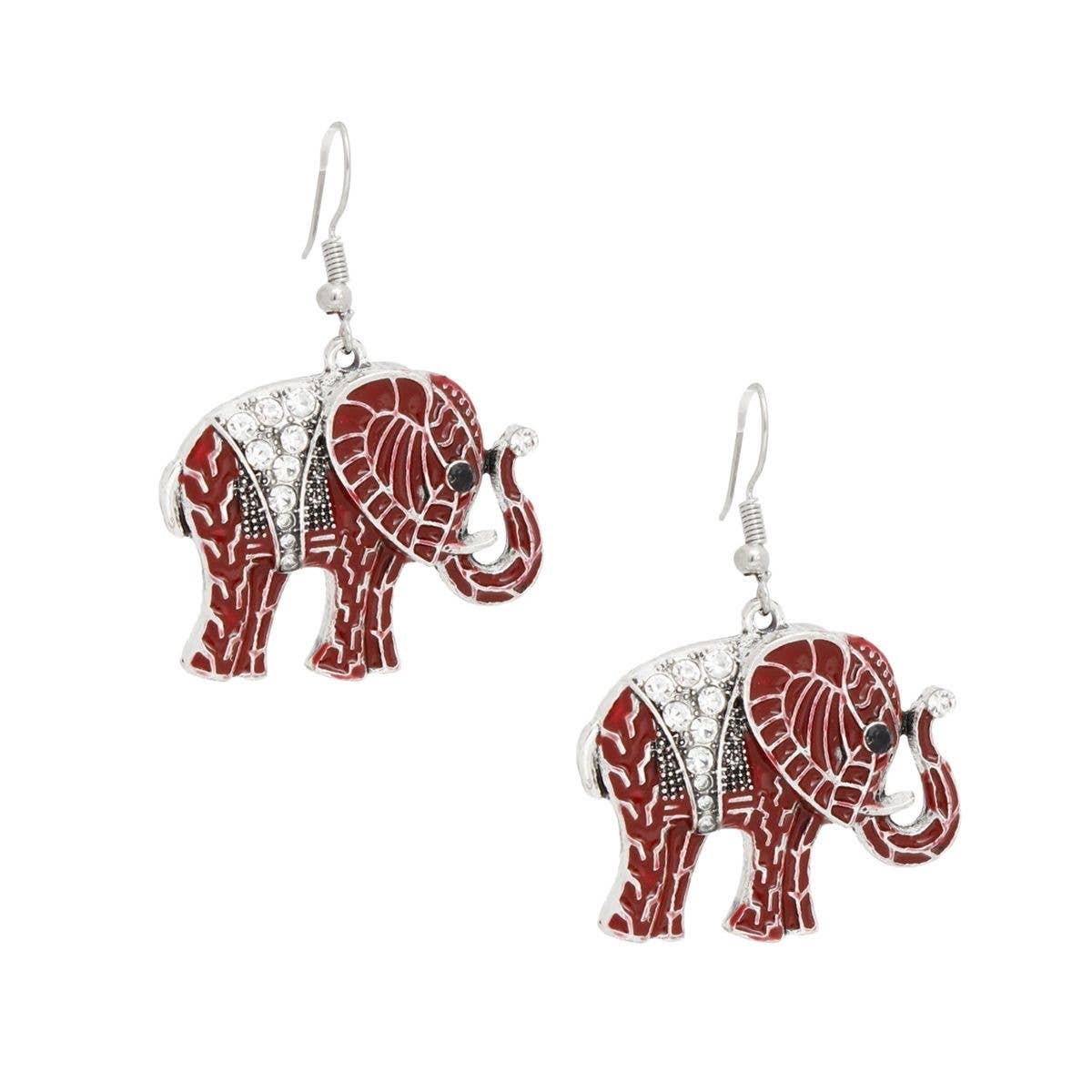 DST Red Elephant Rhinestone Fish Hook Earrings: Color: Red / Plating: Rhodium / Size: 2 x 1.45 inches