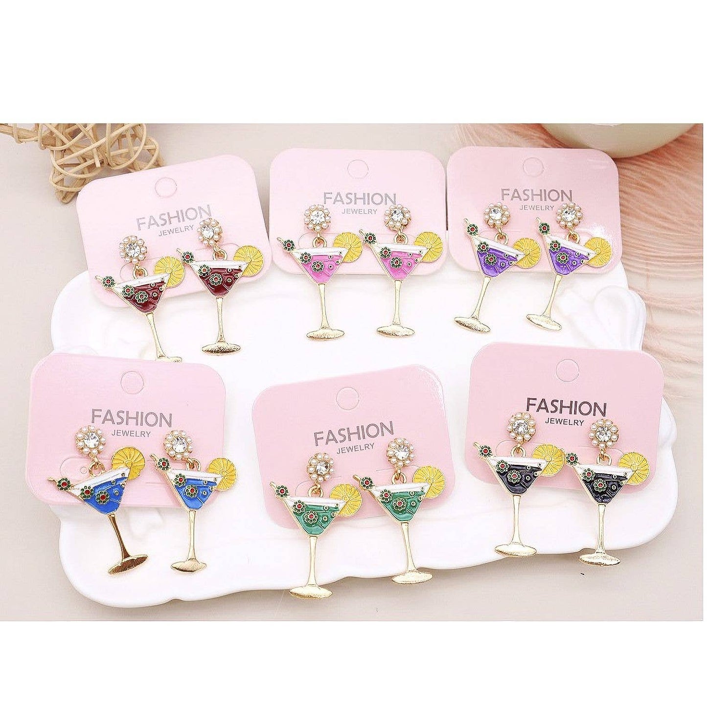 Rhinestone Dangle Cocktail Glass Earrings