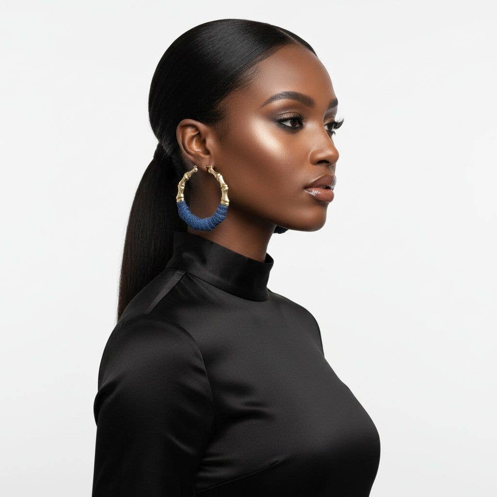 Jumbo size Hoop Denim Jeans Gold Bamboo Texture Earrings: Color: Denim Blue / Plating: Gold / Size: 3.5 inches