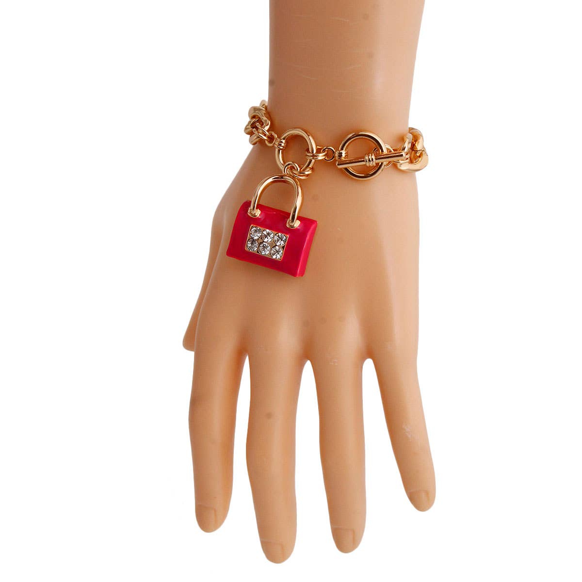 Red Boutique Handbag Bracelet: Red / Gold / 8 Inches