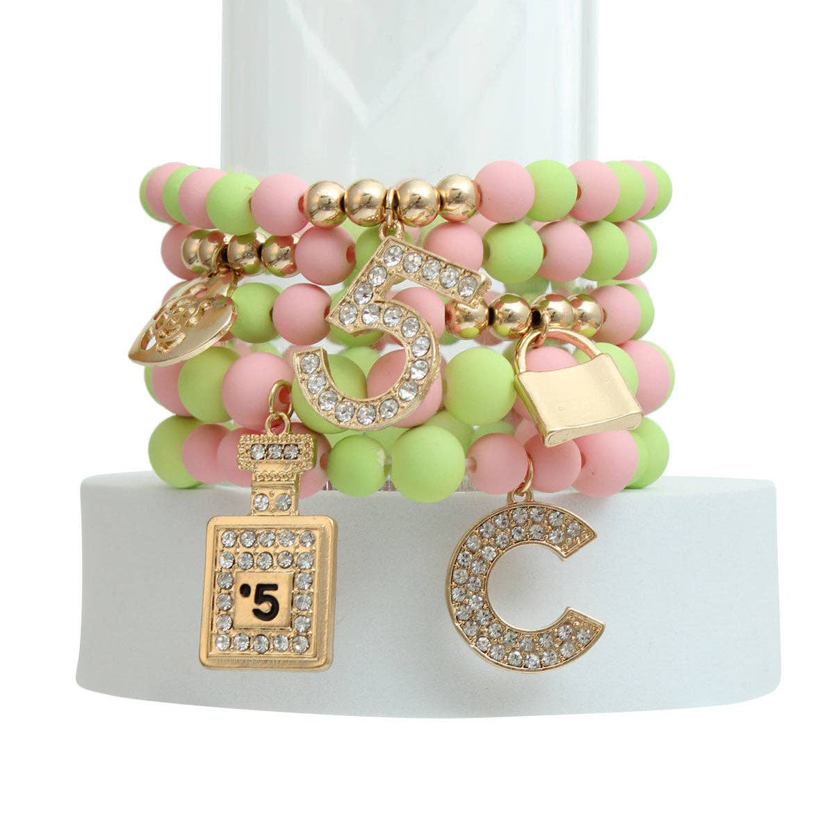 Matte Pink and Green Boutique Charm Bracelets: Pink and Green / Gold / Stretch to Fit