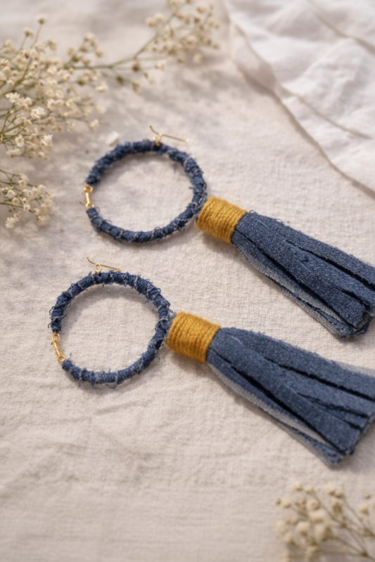 Denim and gold hoop tassel drop earrings styled photo