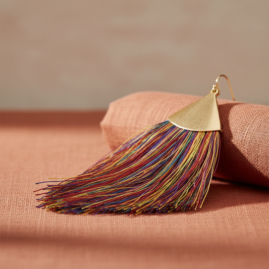 Confetti Fringe Gold Dome Tassel Earrings on terracotta linen surface