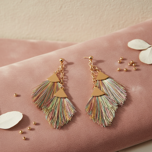 Fiesta Fringe Gold Tassel Drop Earrings on blush velvet surface