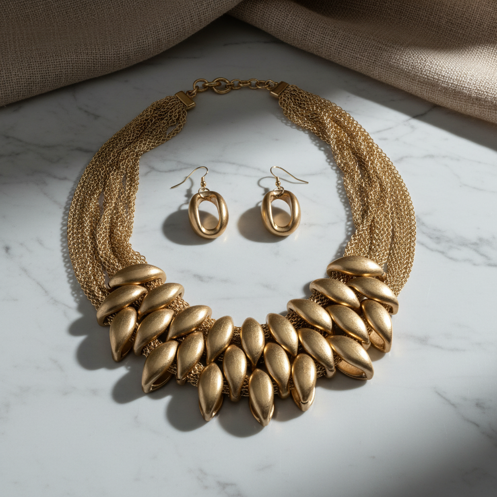 Cascading Gold Luxe Statement Necklace and Earring Set on marble surface