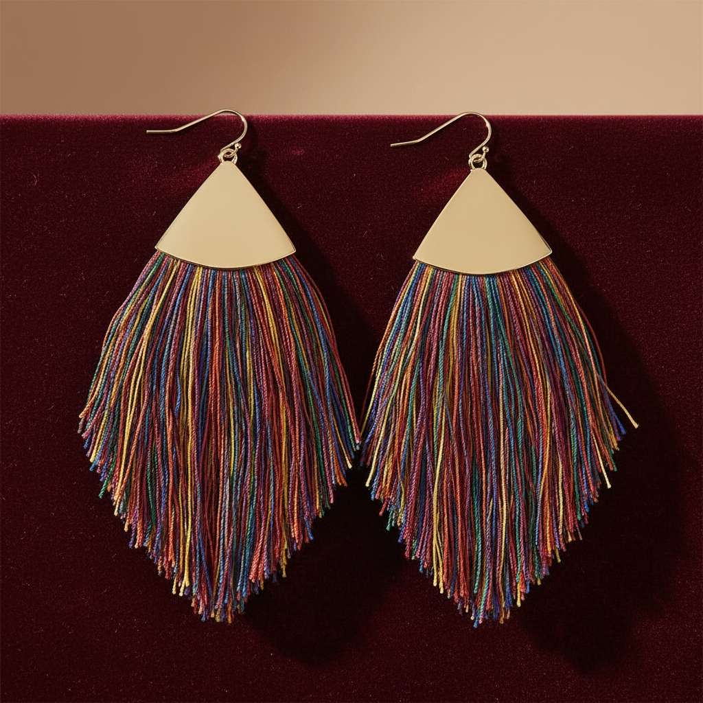 Wildfire Fringe Leaf Tassel Earrings on burgundy velvet surface