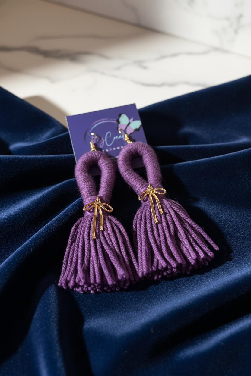 Amethyst Bow Tassel Earrings styled product photo