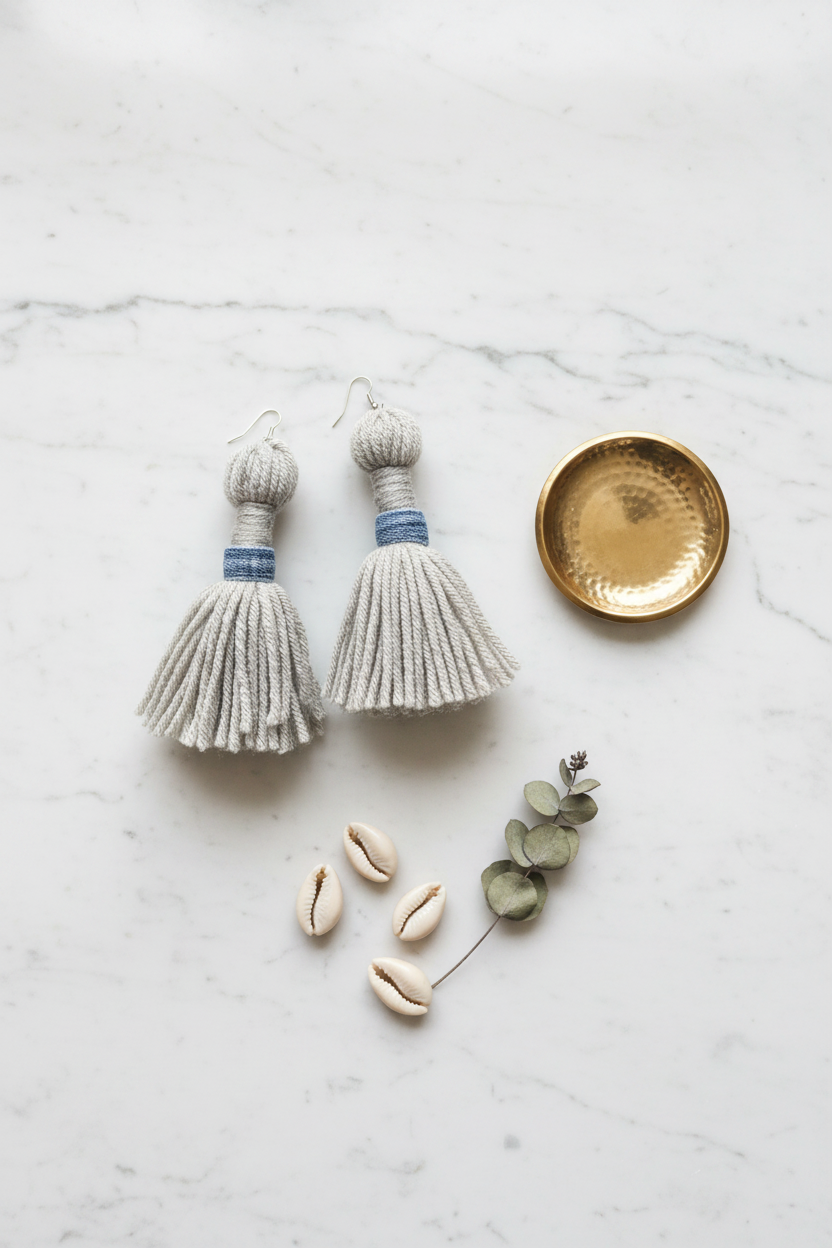 Coastal Drift Tassel Earrings styled on marble background