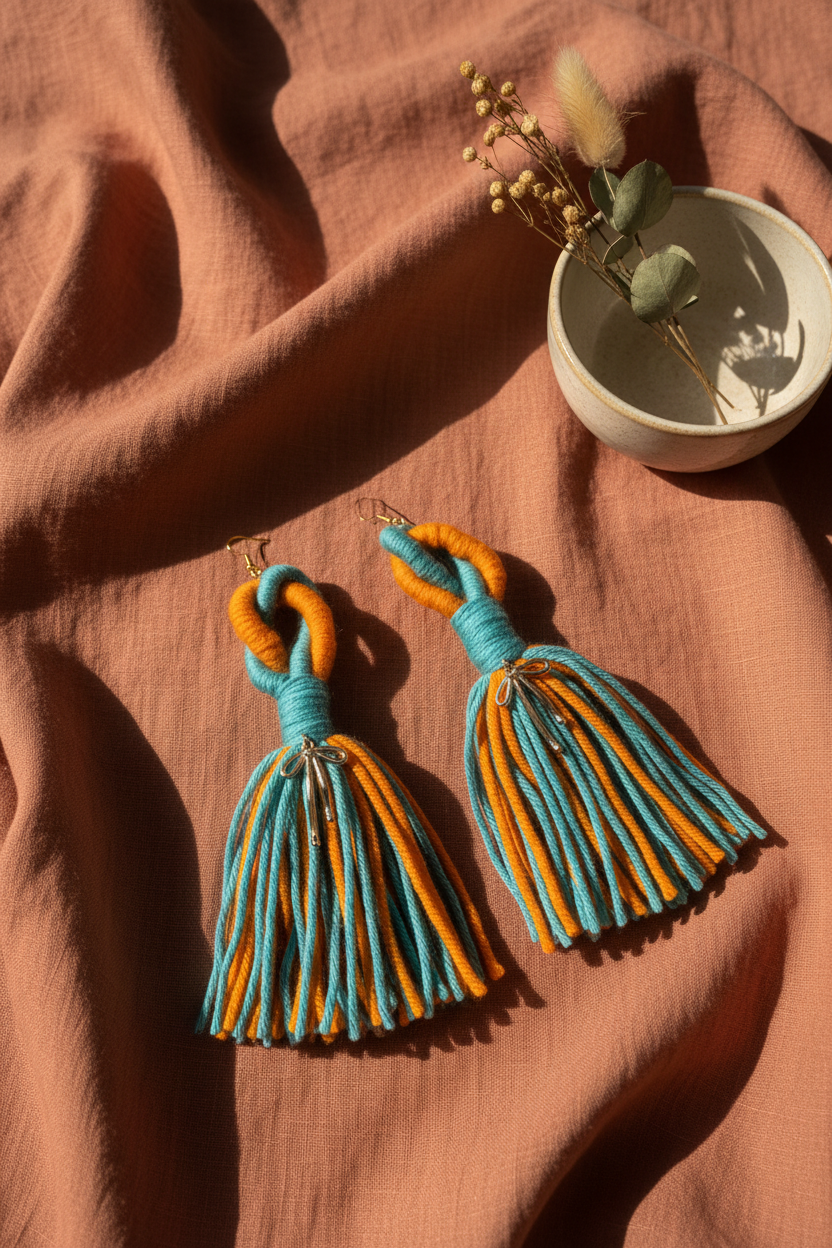 Sunset Tide Tassel Earrings styled on terracotta background