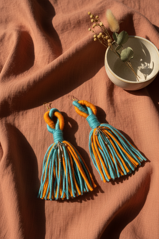 Sunset Tide Tassel Earrings styled on terracotta background