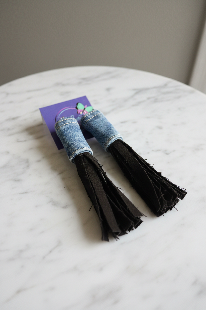 Denim Days Tassel Earrings with light-wash denim top and dark espresso fringe on polished marble background