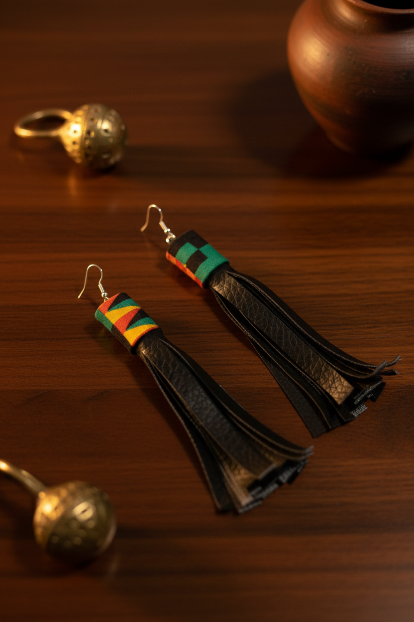 Tribal Noir Leather Tassel Earrings