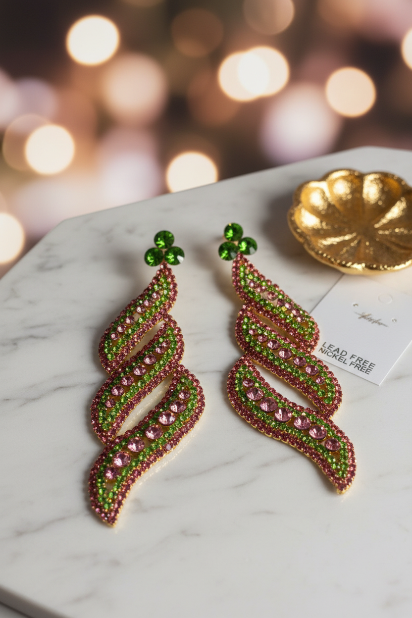 Pink & Green Swirl Rhinestone Drop Earrings