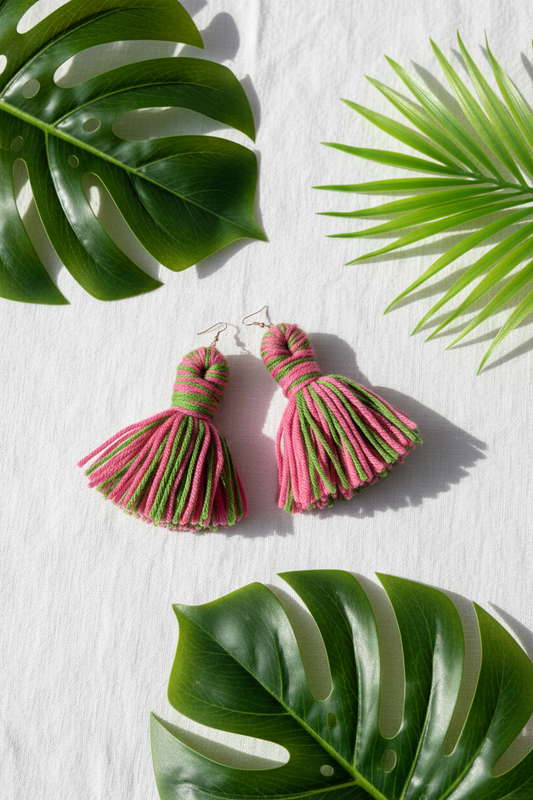 Pink & Green Stripe Tassel Drop Earrings